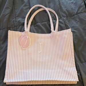 Pink Striped Tote Bag - Monogrammed “J”